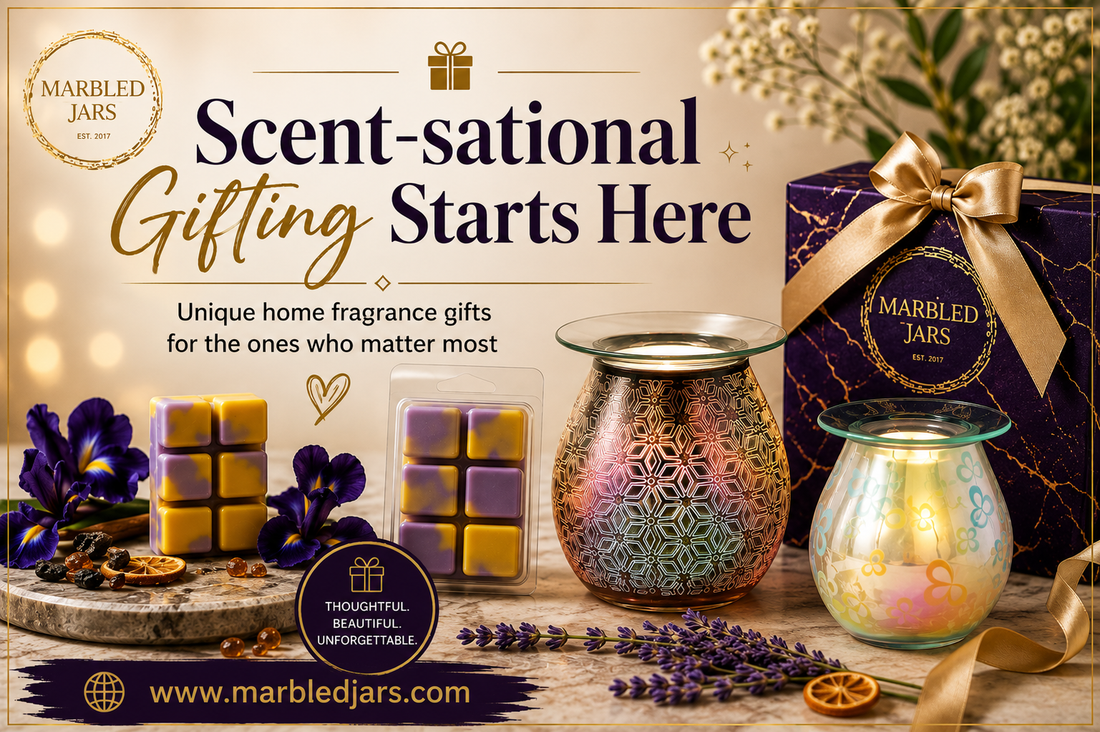 A composite image of "Marbled Jars" brand wax burners and melts for home fragrance gifting.