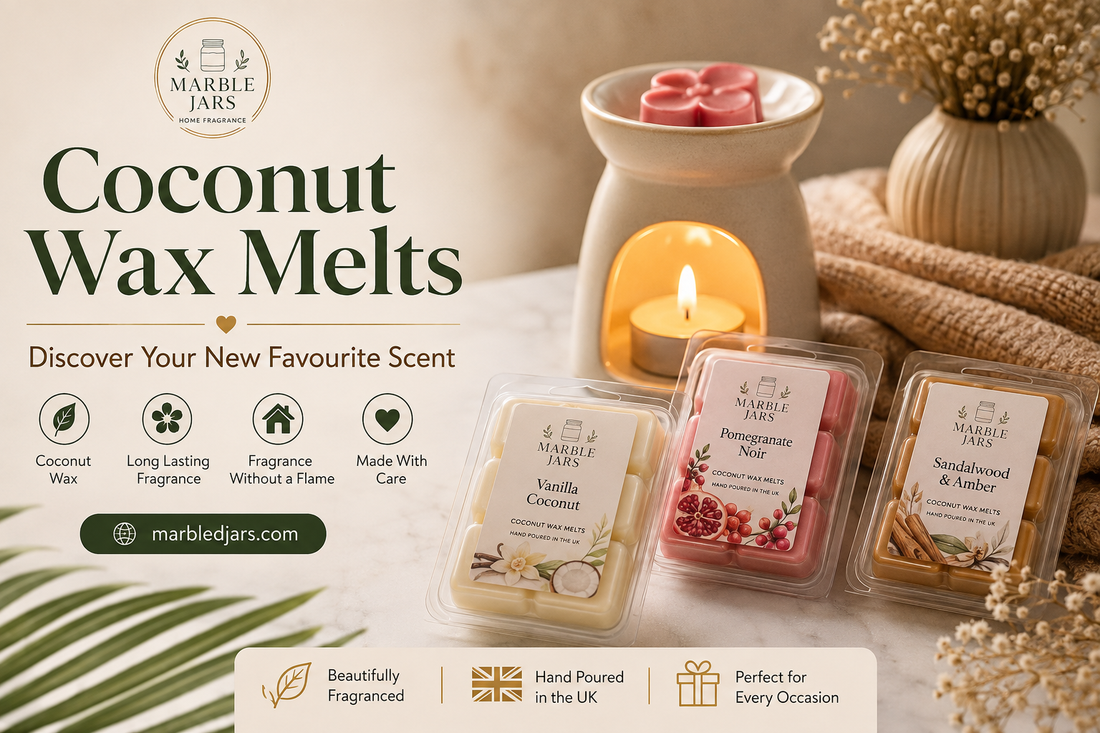 Marble Jars coconut wax melts in Vanilla Coconut, Pomegranate Noir and Sandalwood & Amber scents.