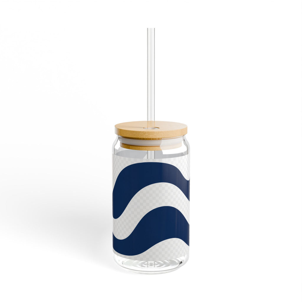 Navy Wave 16oz Glass Sipper with Bamboo Lid & Straw