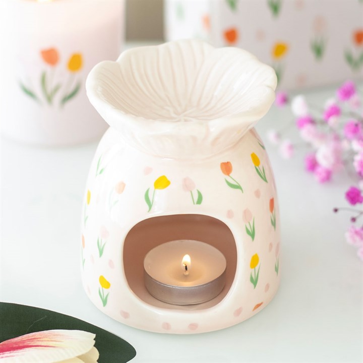 Tulip Print Oil Burner & Wax Warmer Ceramic Gift Home Fragrance